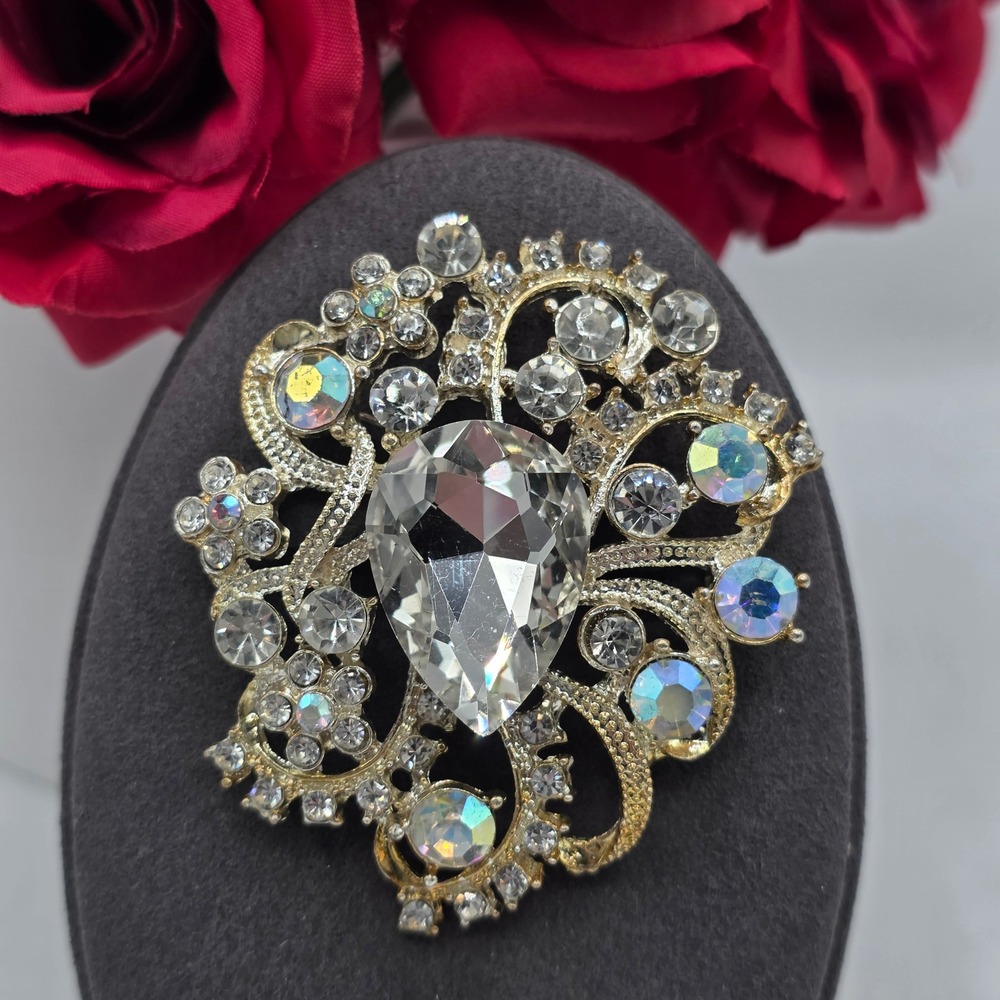 Vintage Style Gold Tone Pear Rhinestone AB Crystal Filigree Statement Brooch Pin